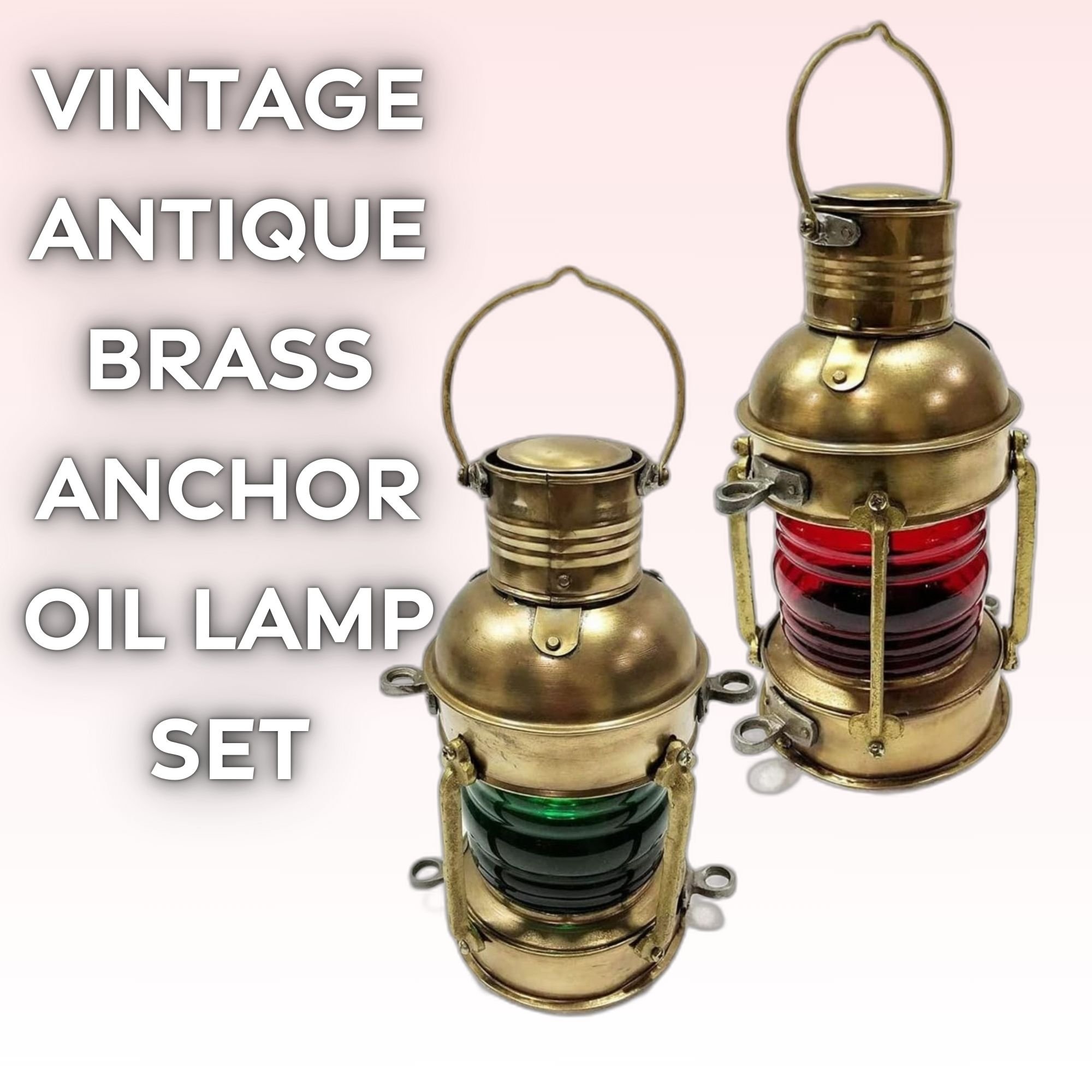 Vintage Antique Brass Anchor Oil Lamp, Lantern Red and Green Glass Light, Farmhouse Lamps for Bedroom, Living Room & Reading.