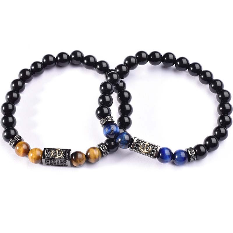 Fashion Luxury Natural Stone 8mm Tiger Eye Glass Bead Bracelet Pave Cubic Zircon Stone Charm Anchor Bracelet Jewelry for Men