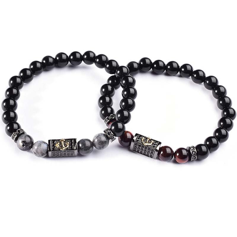 Fashion Luxury Natural Stone 8mm Tiger Eye Glass Bead Bracelet Pave Cubic Zircon Stone Charm Anchor Bracelet Jewelry for Men