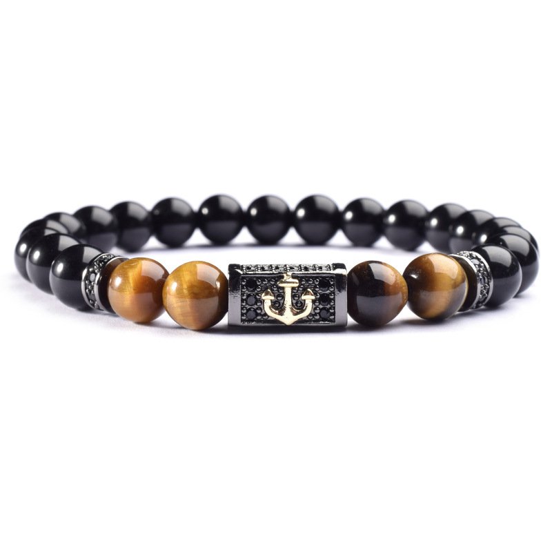 Fashion Luxury Natural Stone 8mm Tiger Eye Glass Bead Bracelet Pave Cubic Zircon Stone Charm Anchor Bracelet Jewelry for Men