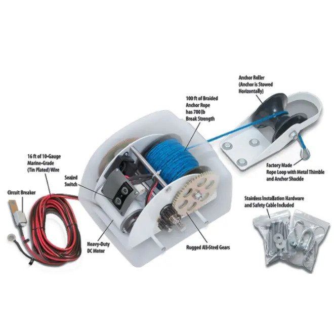 Anchor Winch 12V Free Fall Quick Release Standard Anchor Small Winch 45 Lb. Sea Water for Marine Boat