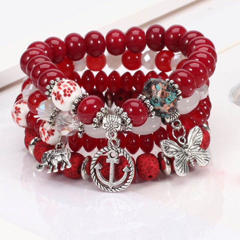 Bohemian Multilayer Colorful Beaded Bracelets With Boat Anchor Elephant Pendant Butterfly Charm Trendy Alloy Jewelry for Parties