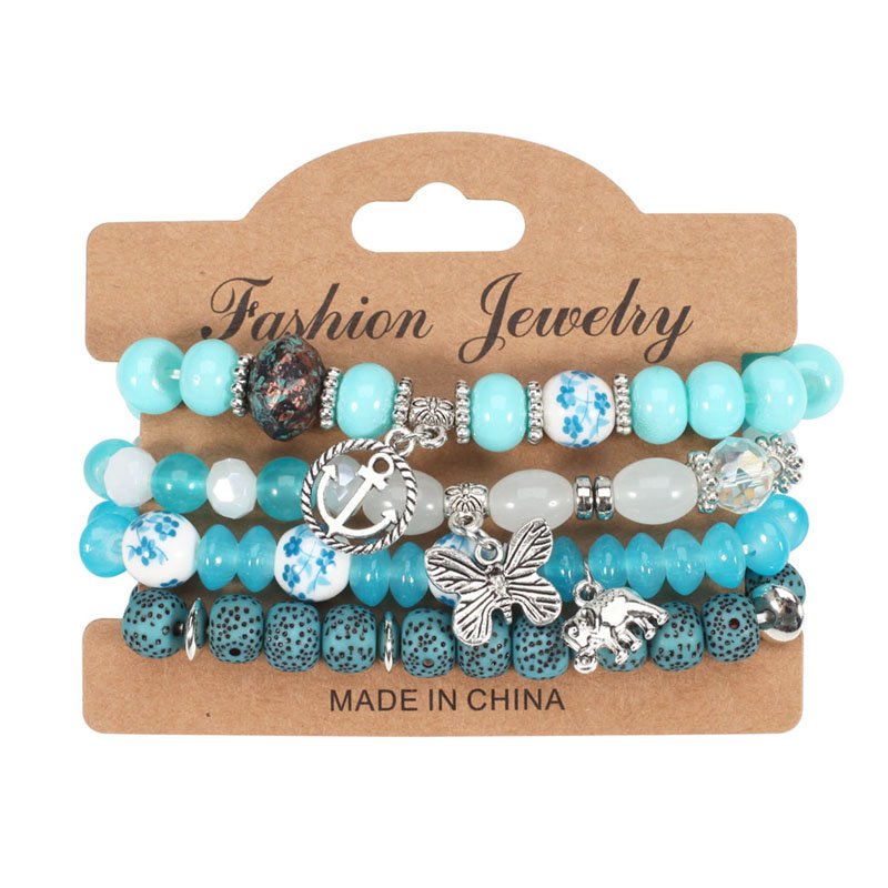 Bohemian Multilayer Colorful Beaded Bracelets With Boat Anchor Elephant Pendant Butterfly Charm Trendy Alloy Jewelry for Parties