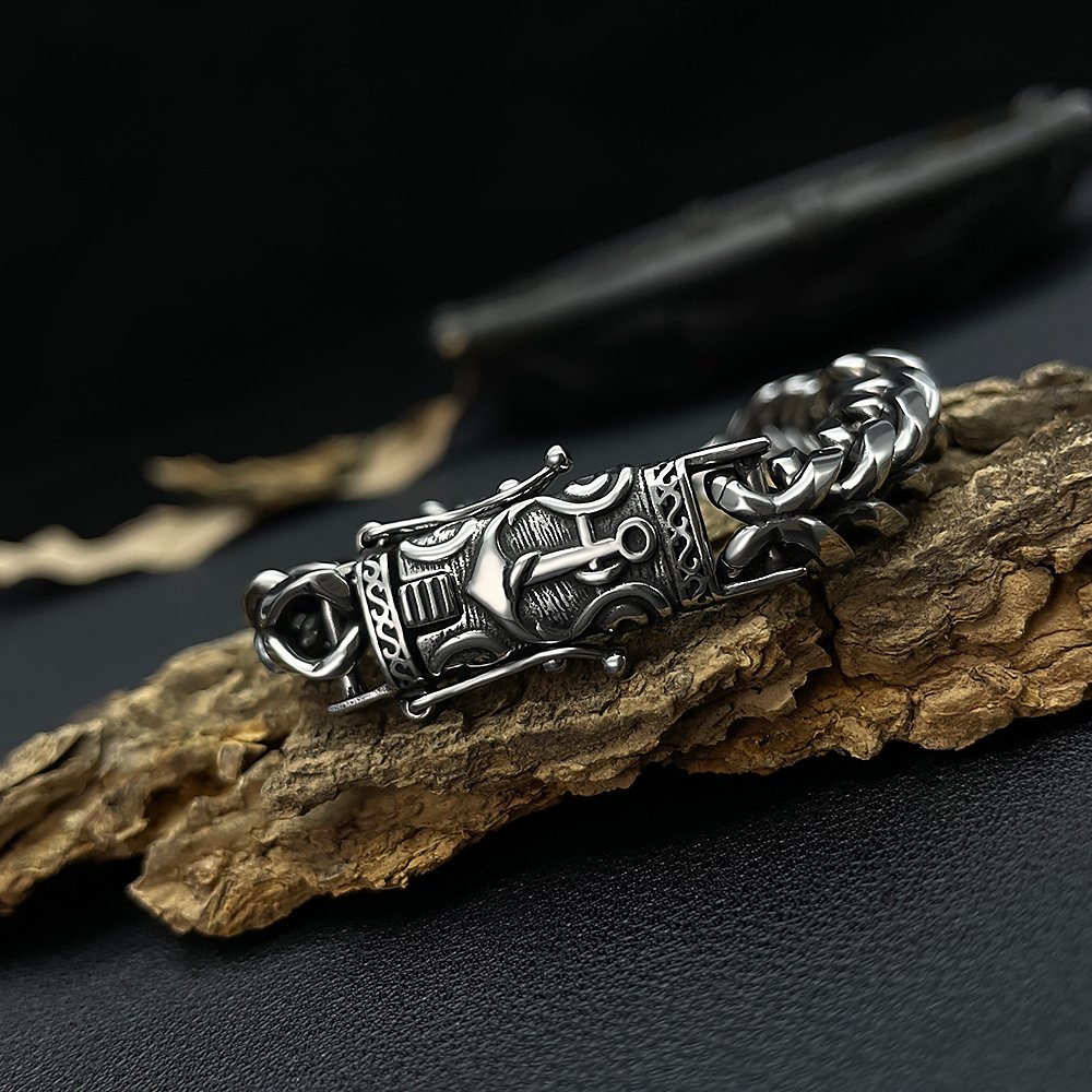 Vintage Fashion Hip Hop Personality Design Stainless Steel Boat Anchor Clasp Cuban Link Chain for Men Jewelry Bracelet