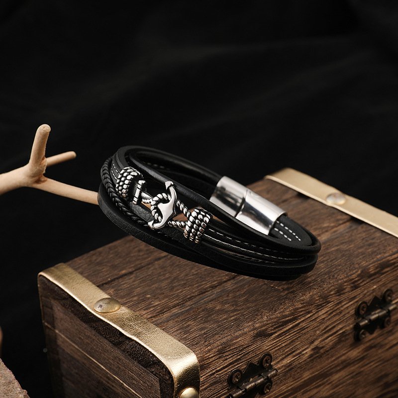 Hot Selling Multilayer Woven Men's Bangle Leather Bracelet Trendy Stainless Steel Boat Anchor Magnetic Leather Bracelet for Men