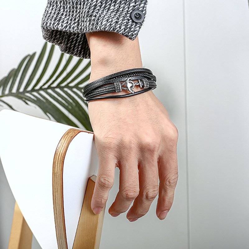 Hot Selling Multilayer Woven Men's Bangle Leather Bracelet Trendy Stainless Steel Boat Anchor Magnetic Leather Bracelet for Men