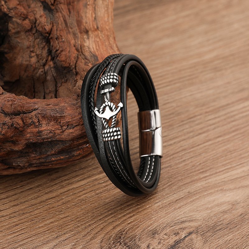 Hot Selling Multilayer Woven Men's Bangle Leather Bracelet Trendy Stainless Steel Boat Anchor Magnetic Leather Bracelet for Men