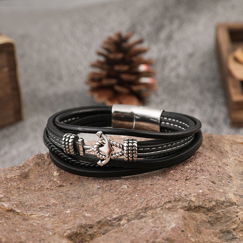Hot Selling Multilayer Woven Men's Bangle Leather Bracelet Trendy Stainless Steel Boat Anchor Magnetic Leather Bracelet for Men