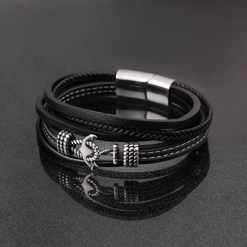 Hot Selling Multilayer Woven Men's Bangle Leather Bracelet Trendy Stainless Steel Boat Anchor Magnetic Leather Bracelet for Men