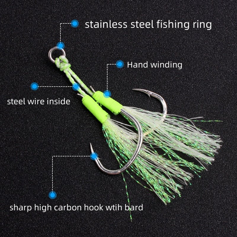 In Stock 2pcs/set 1/0 2/0 3/0 High Strength High Carton Steel Wire Line Double Assist Hook with Silk Jigging Lure