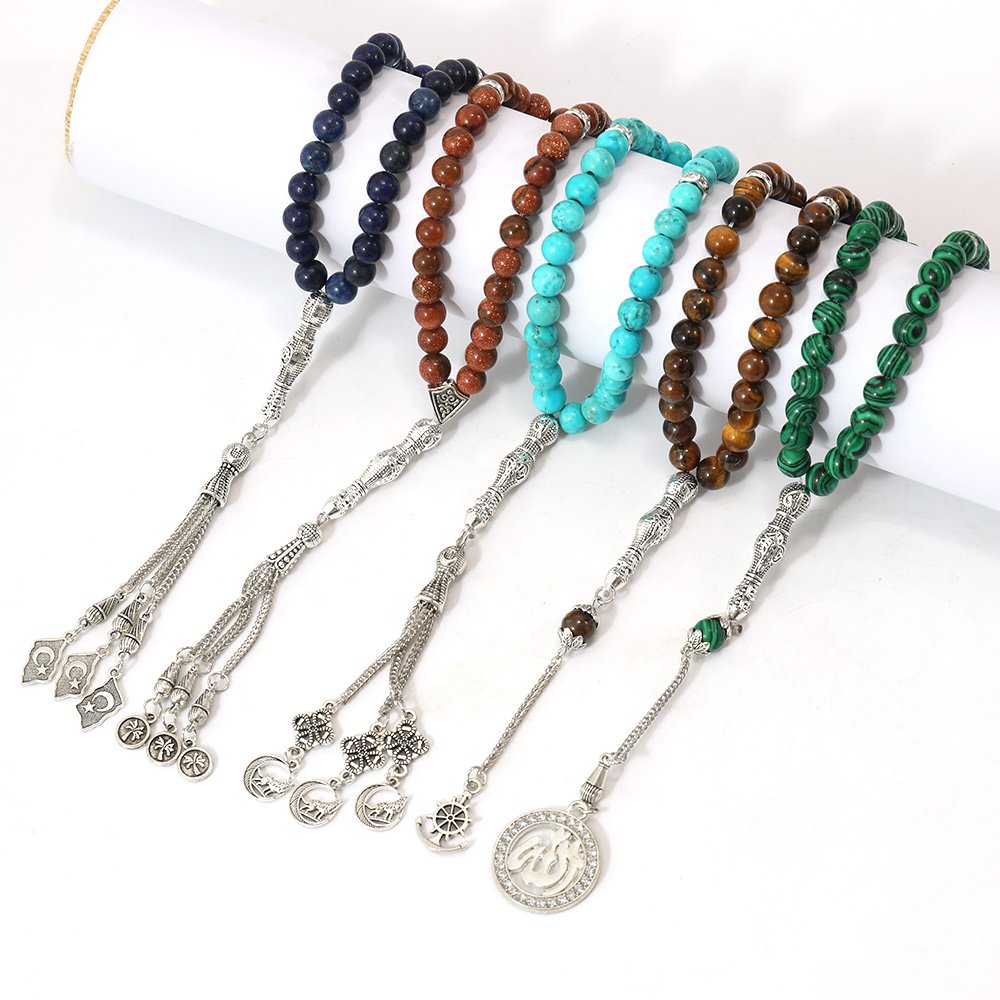 8mm Natural Lapis Lazuli 33 Beads Rosary Muslim Tasbih with Moon and Start Silver Tassels for Islamic Prayer Masbaha Subha