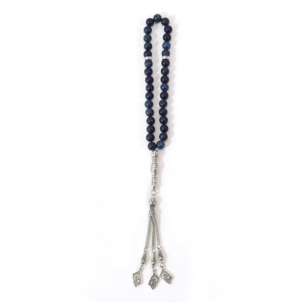 8mm Natural Lapis Lazuli 33 Beads Rosary Muslim Tasbih with Moon and Start Silver Tassels for Islamic Prayer Masbaha Subha