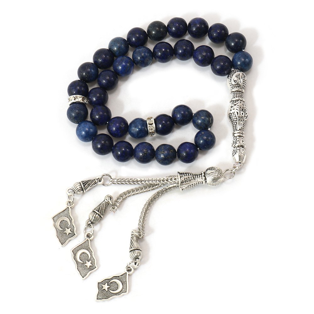 8mm Natural Lapis Lazuli 33 Beads Rosary Muslim Tasbih with Moon and Start Silver Tassels for Islamic Prayer Masbaha Subha