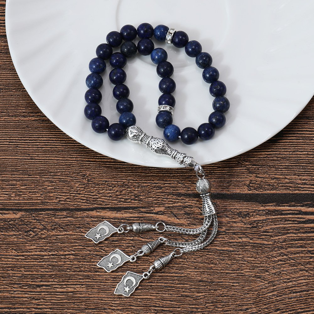 8mm Natural Lapis Lazuli 33 Beads Rosary Muslim Tasbih with Moon and Start Silver Tassels for Islamic Prayer Masbaha Subha