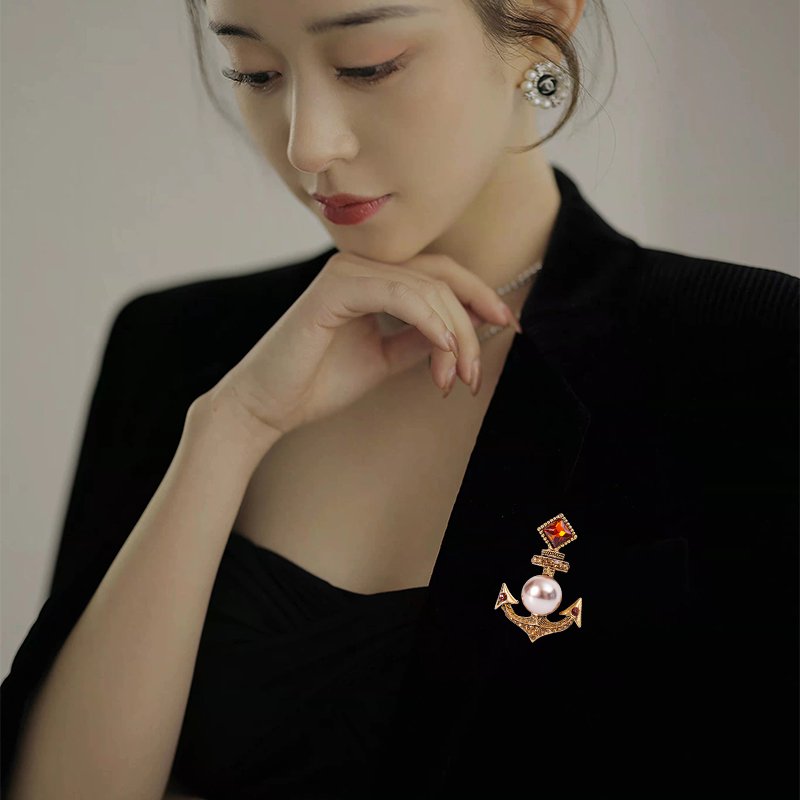 Fashion Jewelry Big Pearl Anchor Brooches Lapel Pin Crystal Rhinestone Cross Boat Anchor Brooch for Women Men