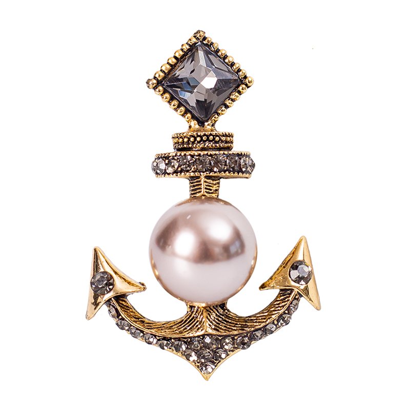 Fashion Jewelry Big Pearl Anchor Brooches Lapel Pin Crystal Rhinestone Cross Boat Anchor Brooch for Women Men