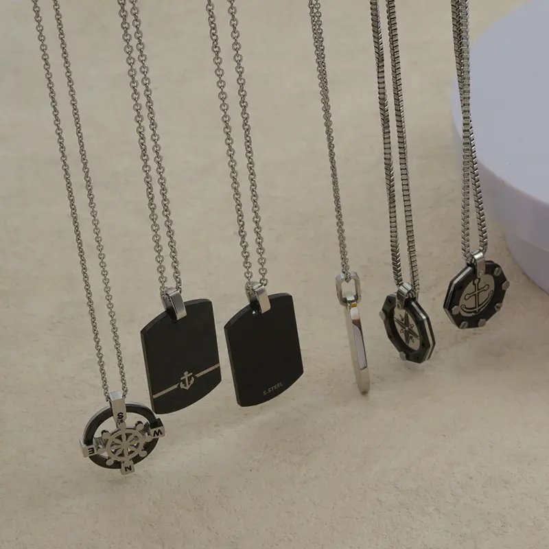 Cool Style Black Plated North Star Compass Boat Anchor Stainless Steel Tarnish Free Waterproof Necklaces for Men