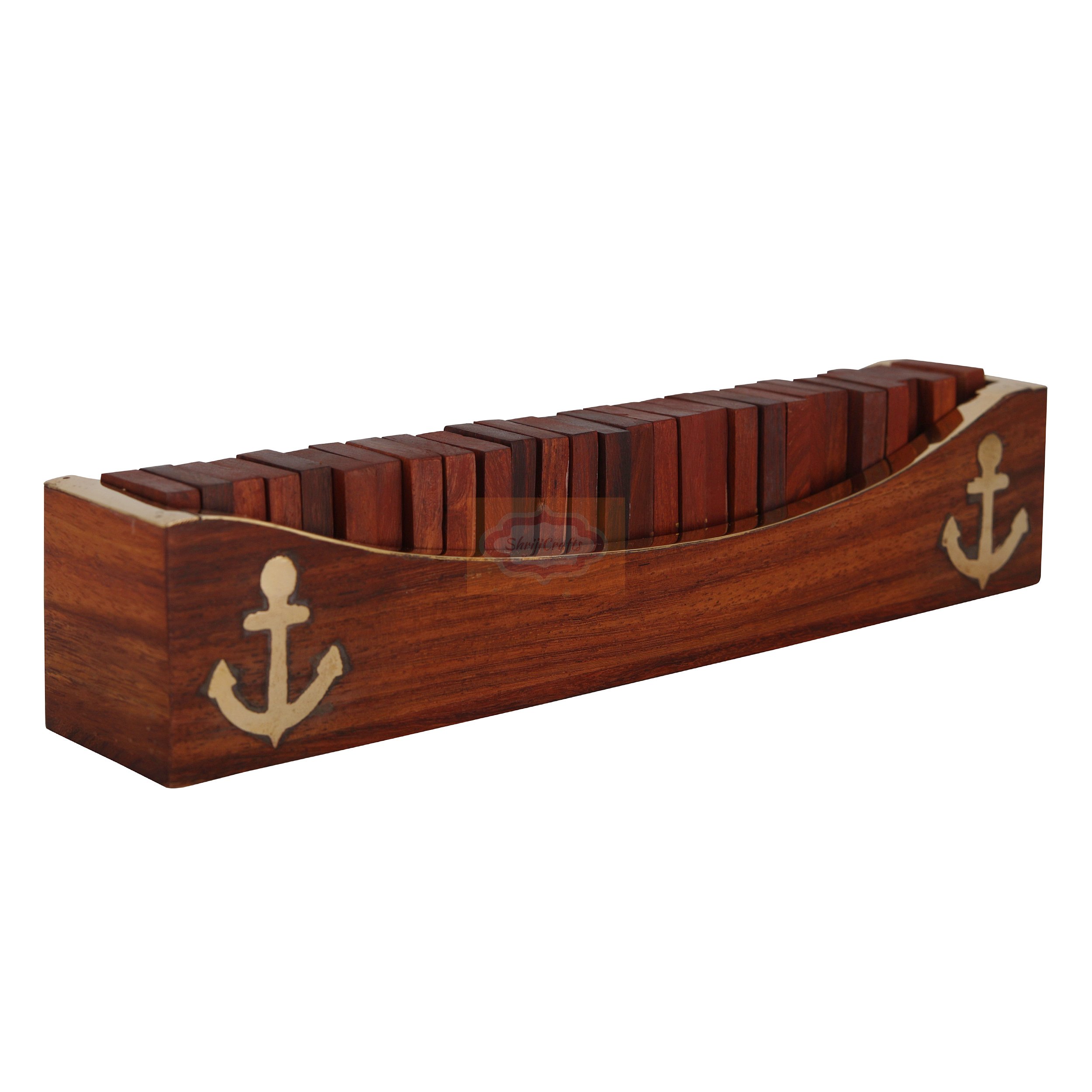 Shriji Crafts Handcrafted Wooden Domino Set With Anchor Design Game Open Boat Tray and Pieces Dominoes Set Boat Tray Unique Game