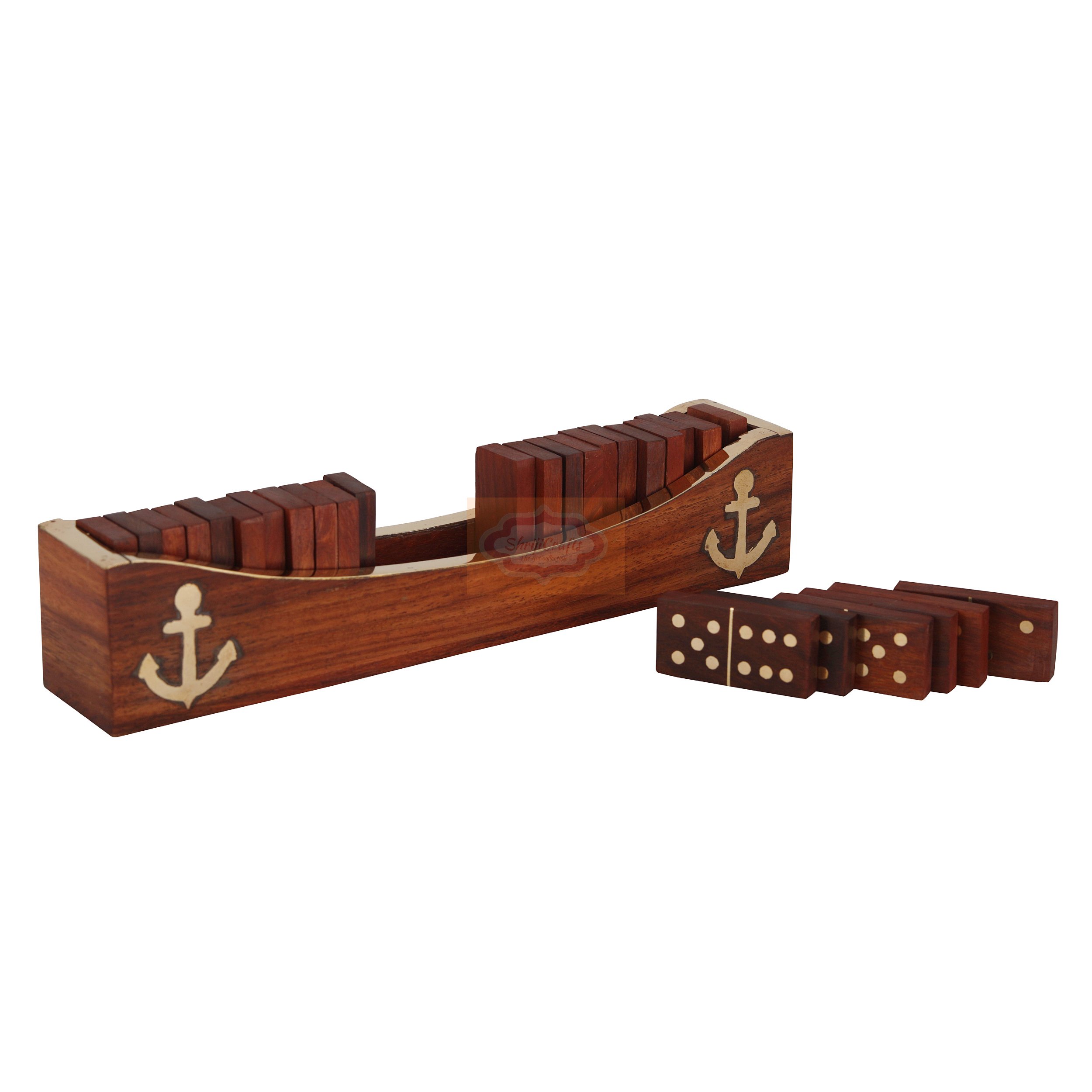 Shriji Crafts Handcrafted Wooden Domino Set With Anchor Design Game Open Boat Tray and Pieces Dominoes Set Boat Tray Unique Game