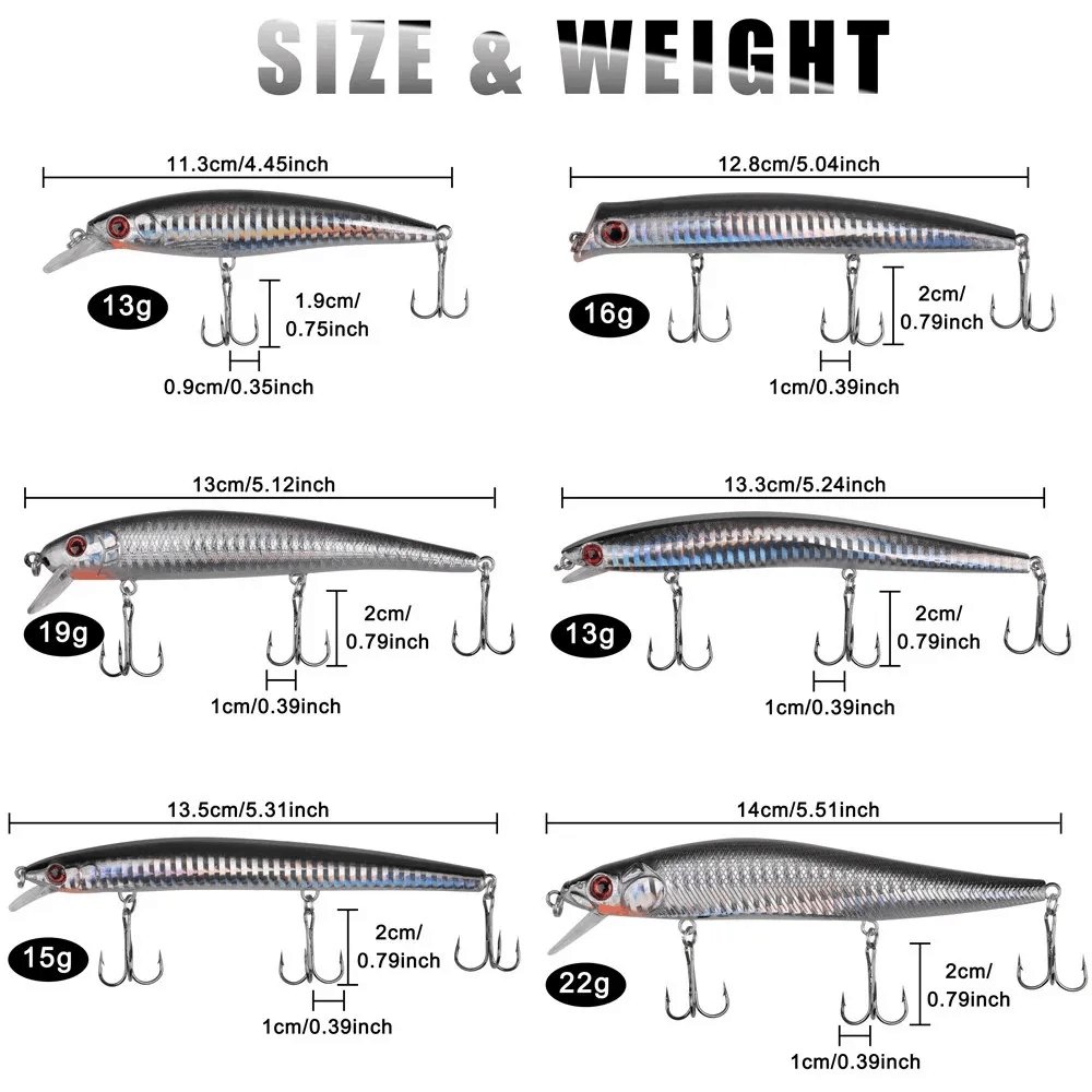 6Pcs Saltwater Fishing Lures Kit Hard Minnow Lures Topwater Popper Plugs Surf Fishing Striper Lures for Bass Trout Pike Salmon