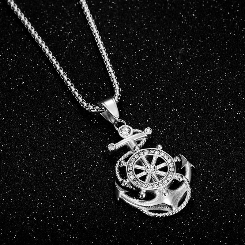 New Hot Sales Hip Hop Jewelry Titanium Steel 18k Pvd Gold Plated Punk Necklace Boat Mens Anchor Zircon Pendant Necklace for 2024