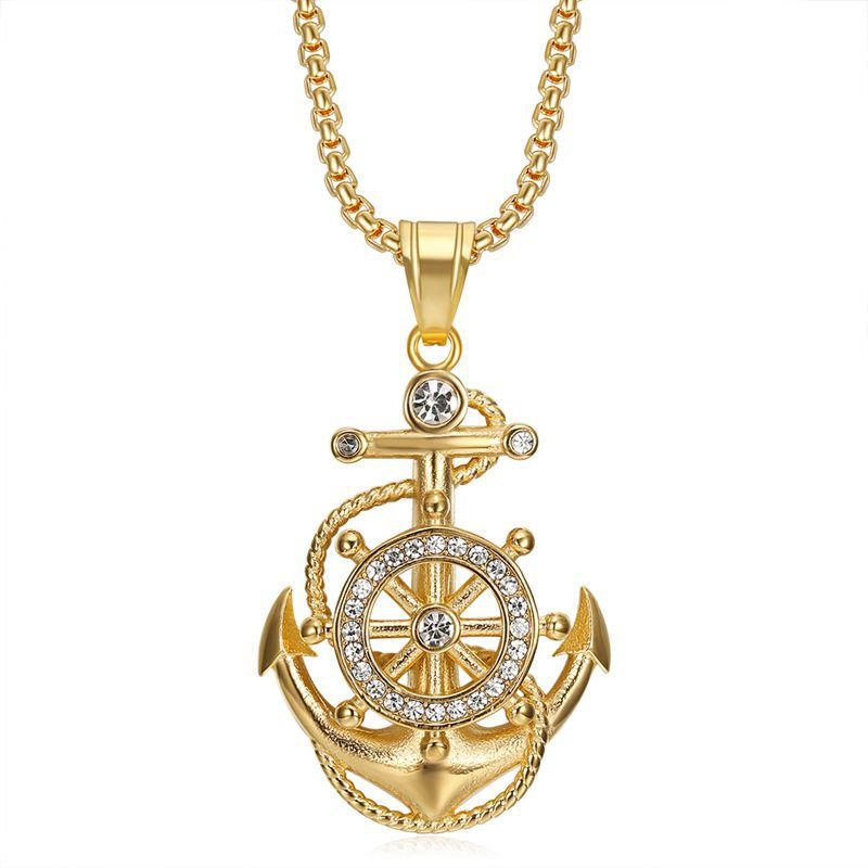 New Hot Sales Hip Hop Jewelry Titanium Steel 18k Pvd Gold Plated Punk Necklace Boat Mens Anchor Zircon Pendant Necklace for 2024
