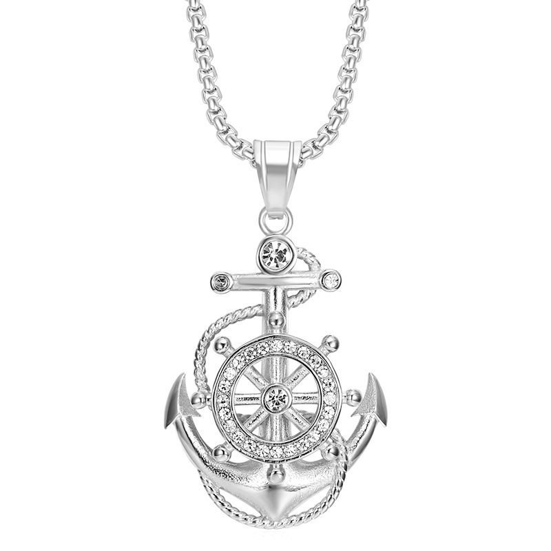 New Hot Sales Hip Hop Jewelry Titanium Steel 18k Pvd Gold Plated Punk Necklace Boat Mens Anchor Zircon Pendant Necklace for 2024