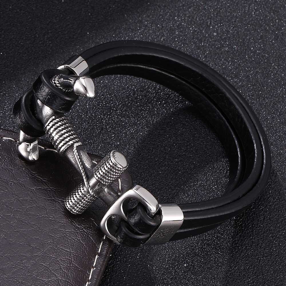 Personalized Design Stainless Steel Boat Anchor Genuine Leather Rope Bracelet Retro Woven Men's Leather Bracelet