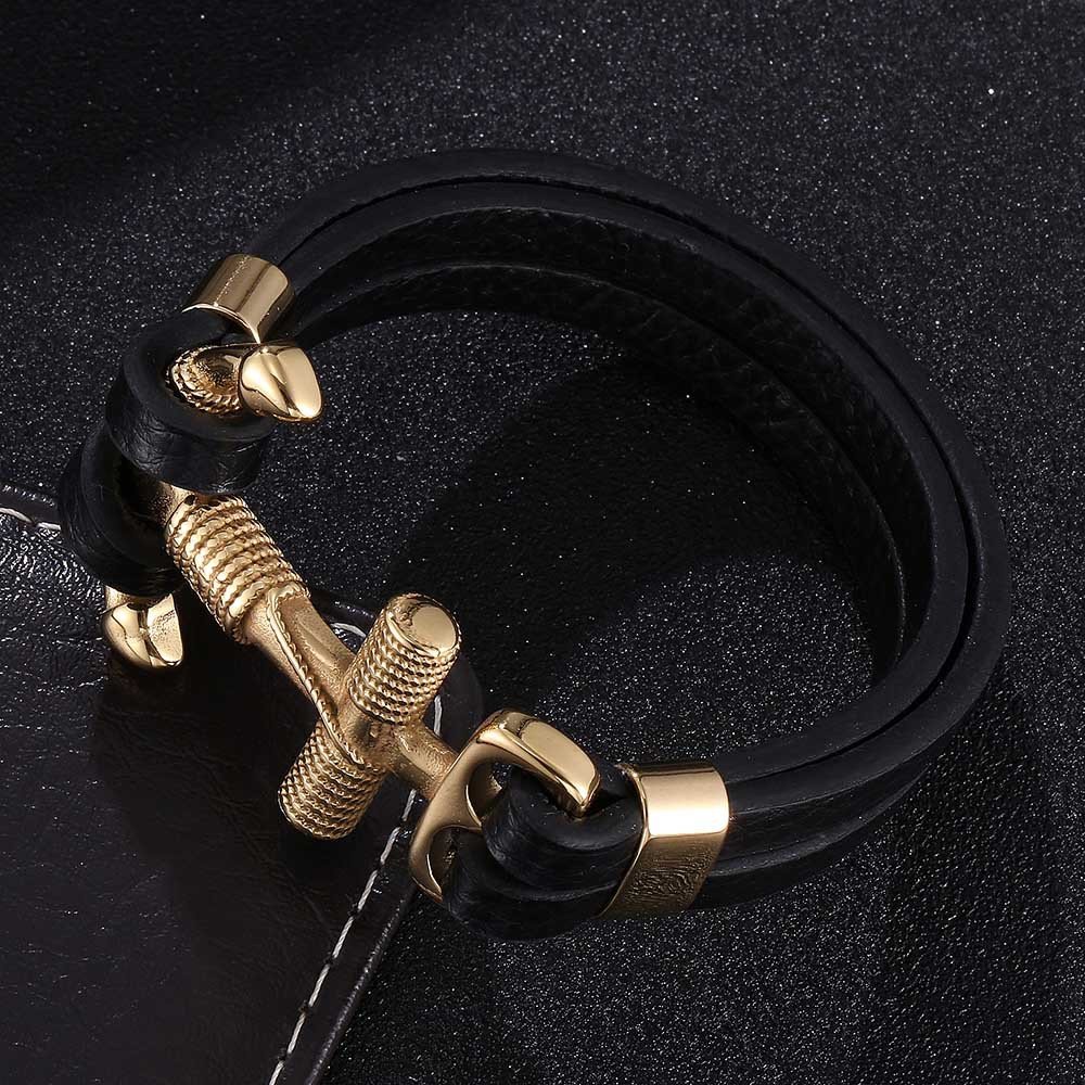 Personalized Design Stainless Steel Boat Anchor Genuine Leather Rope Bracelet Retro Woven Men's Leather Bracelet