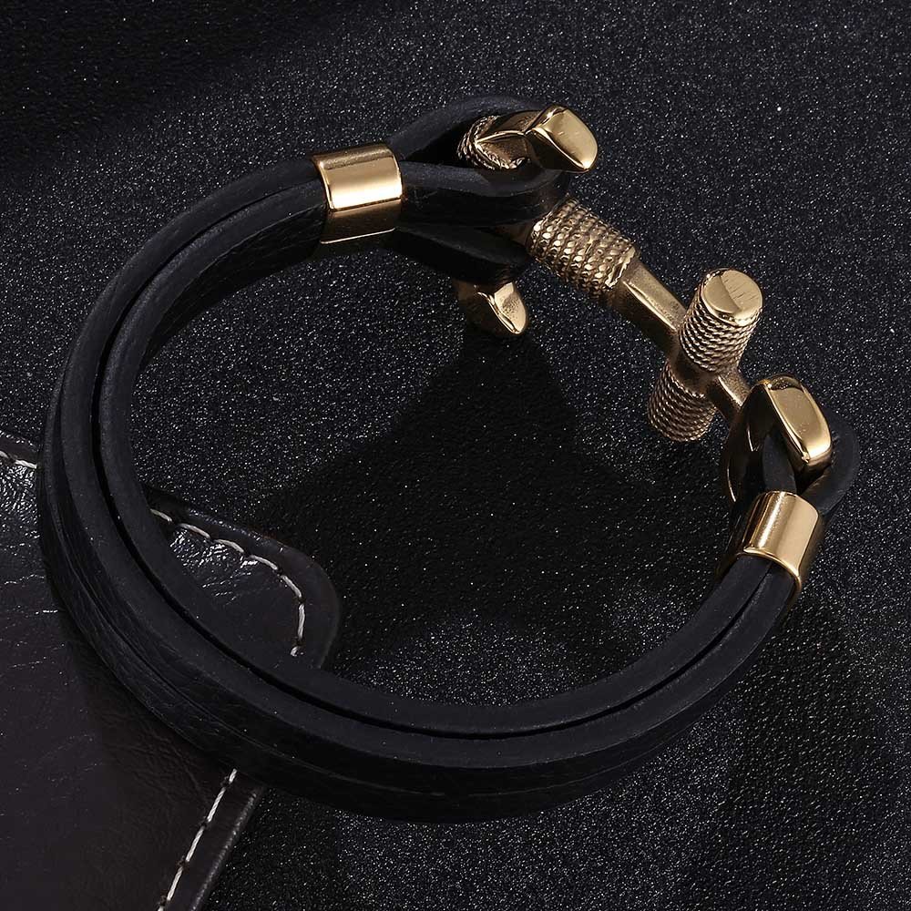 Personalized Design Stainless Steel Boat Anchor Genuine Leather Rope Bracelet Retro Woven Men's Leather Bracelet