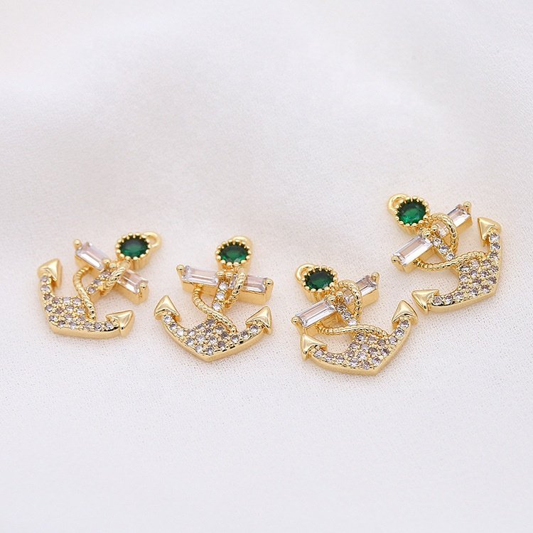Brass 14k Gold Plated Fashion Necklace Pendant Boat Anchor Green Zircon Jewelry Making Charms