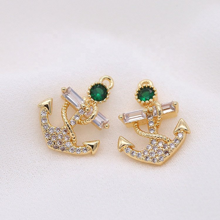 Brass 14k Gold Plated Fashion Necklace Pendant Boat Anchor Green Zircon Jewelry Making Charms
