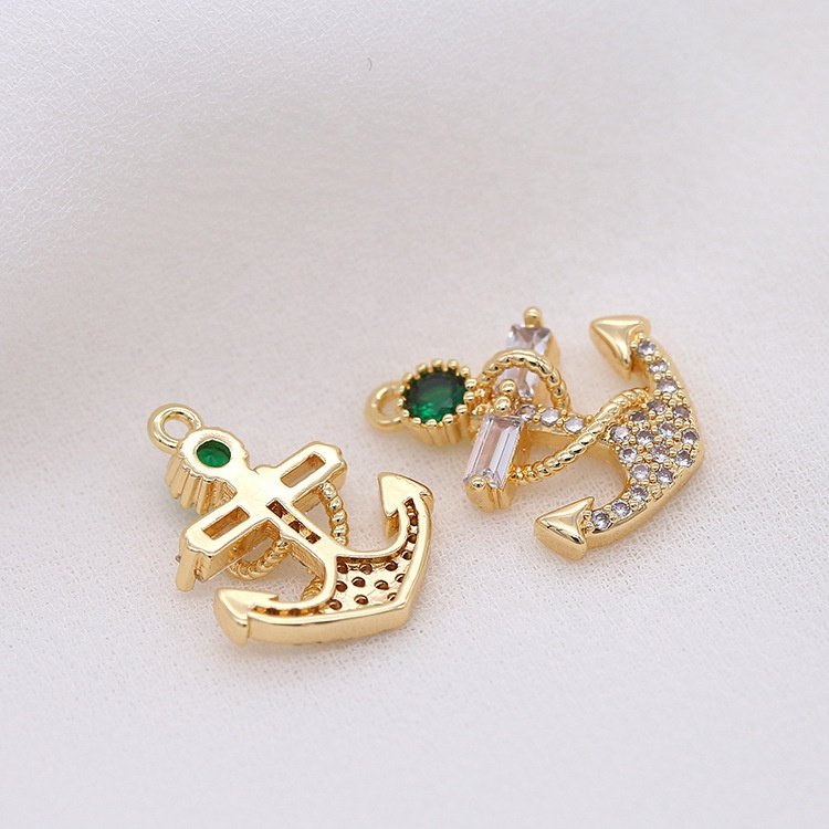 Brass 14k Gold Plated Fashion Necklace Pendant Boat Anchor Green Zircon Jewelry Making Charms