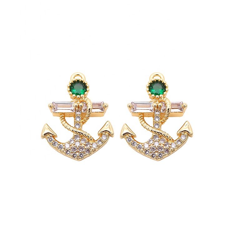 Brass 14k Gold Plated Fashion Necklace Pendant Boat Anchor Green Zircon Jewelry Making Charms