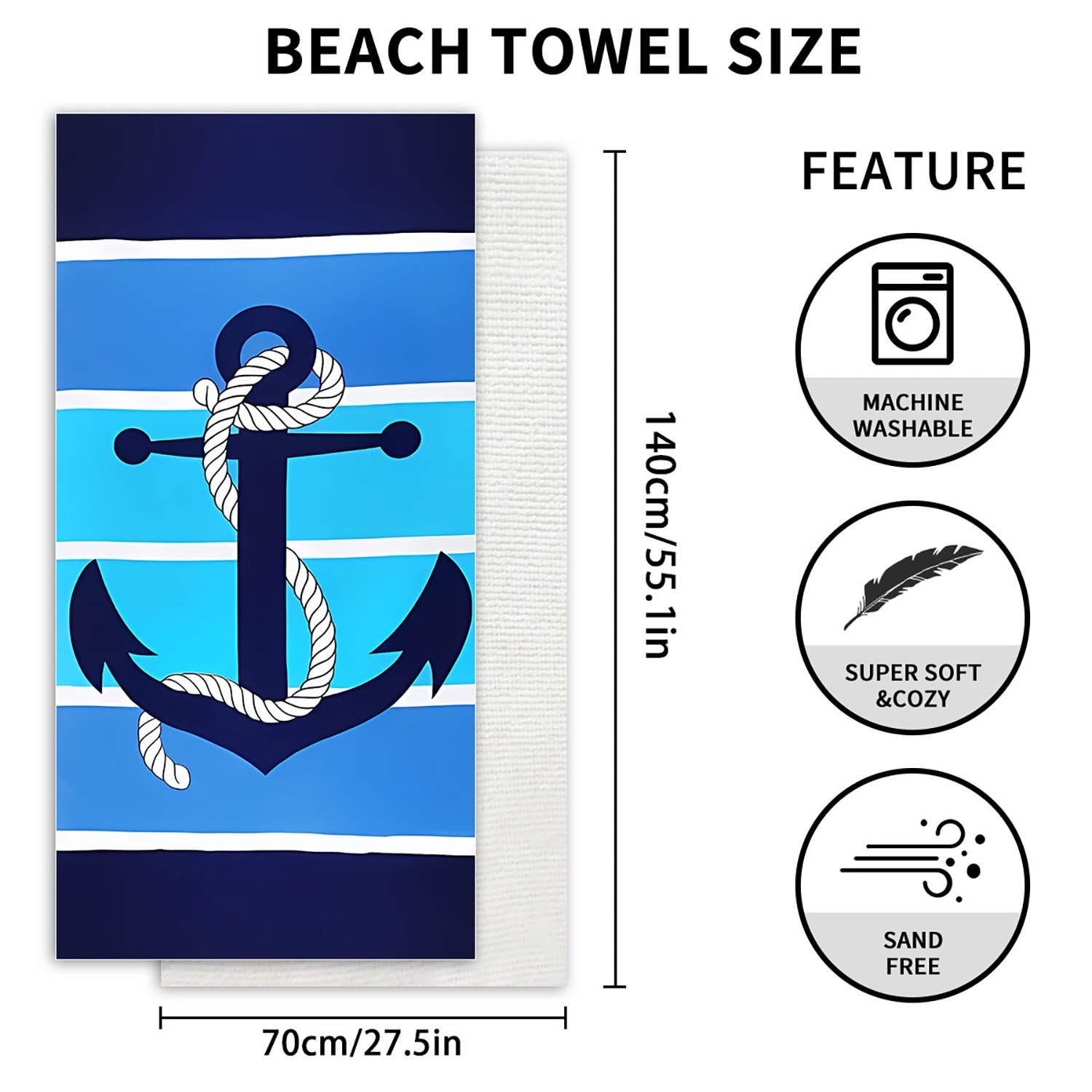 Hot Selling Cross-Border Temu Ultra-Fine Fiber Print Quick-Dry Large Beach Towel Anchor Seaside Bath Towel Microfiber Material