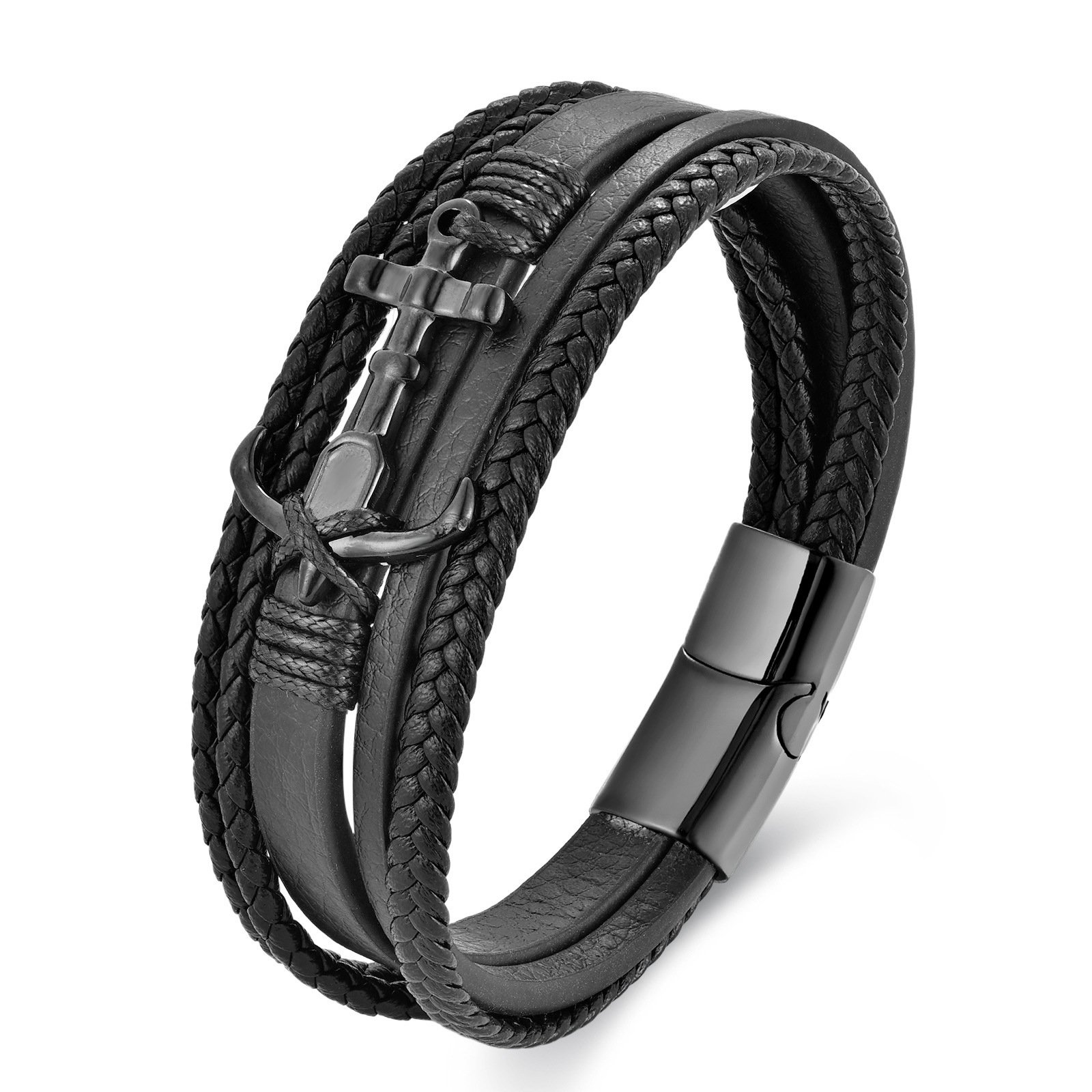 Charm Punk Multilayer Leather Braided Bracelets PVD Black Plated Anchor Magnetic Clasp Viking Leather Bracelets for Men