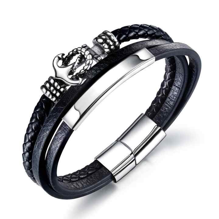 Charm Punk Multilayer Leather Braided Bracelets PVD Black Plated Anchor Magnetic Clasp Viking Leather Bracelets for Men
