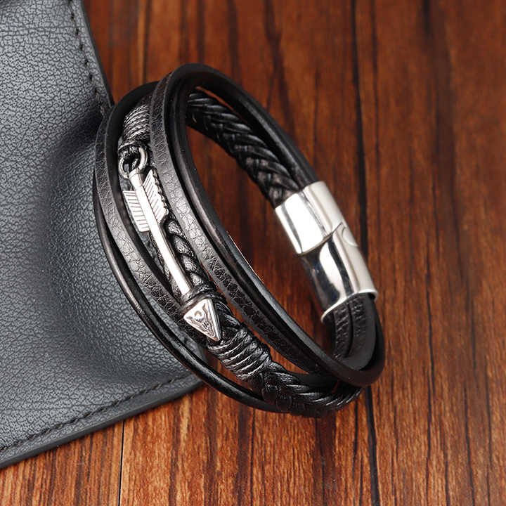 Charm Punk Multilayer Leather Braided Bracelets PVD Black Plated Anchor Magnetic Clasp Viking Leather Bracelets for Men