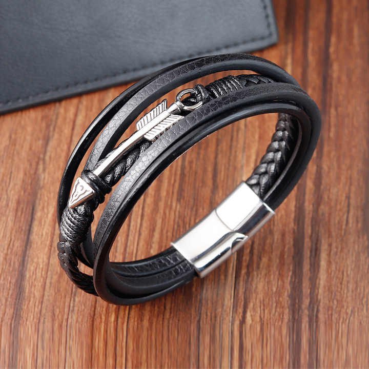 Charm Punk Multilayer Leather Braided Bracelets PVD Black Plated Anchor Magnetic Clasp Viking Leather Bracelets for Men
