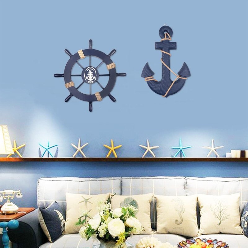 Nautical Beach Wooden Ship Wheel and Anchor with Rope Beach Theme Home Decoration Wall Art Decor Door Hanging Ornament