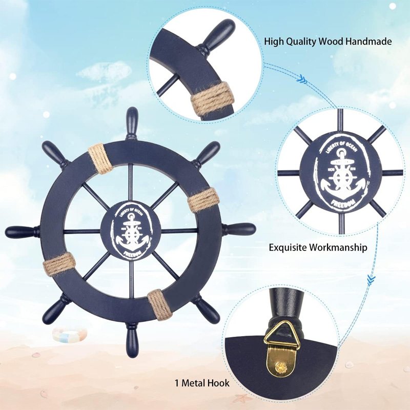 Nautical Beach Wooden Ship Wheel and Anchor with Rope Beach Theme Home Decoration Wall Art Decor Door Hanging Ornament