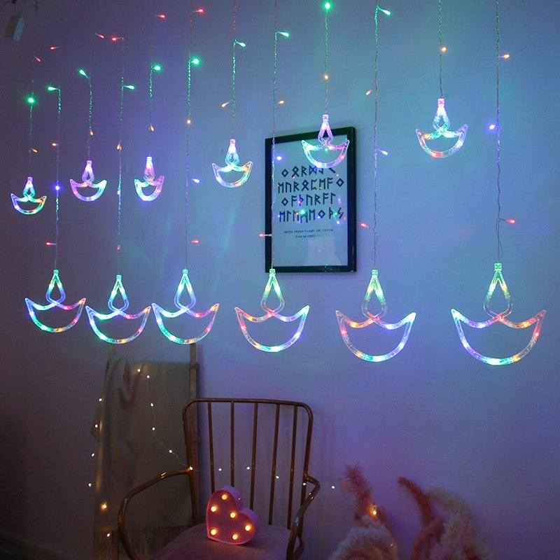 Waterfall Colorful LED Window DIYA Diwali String Light Indian Boat Anchor Curtain Diwali Festival Light