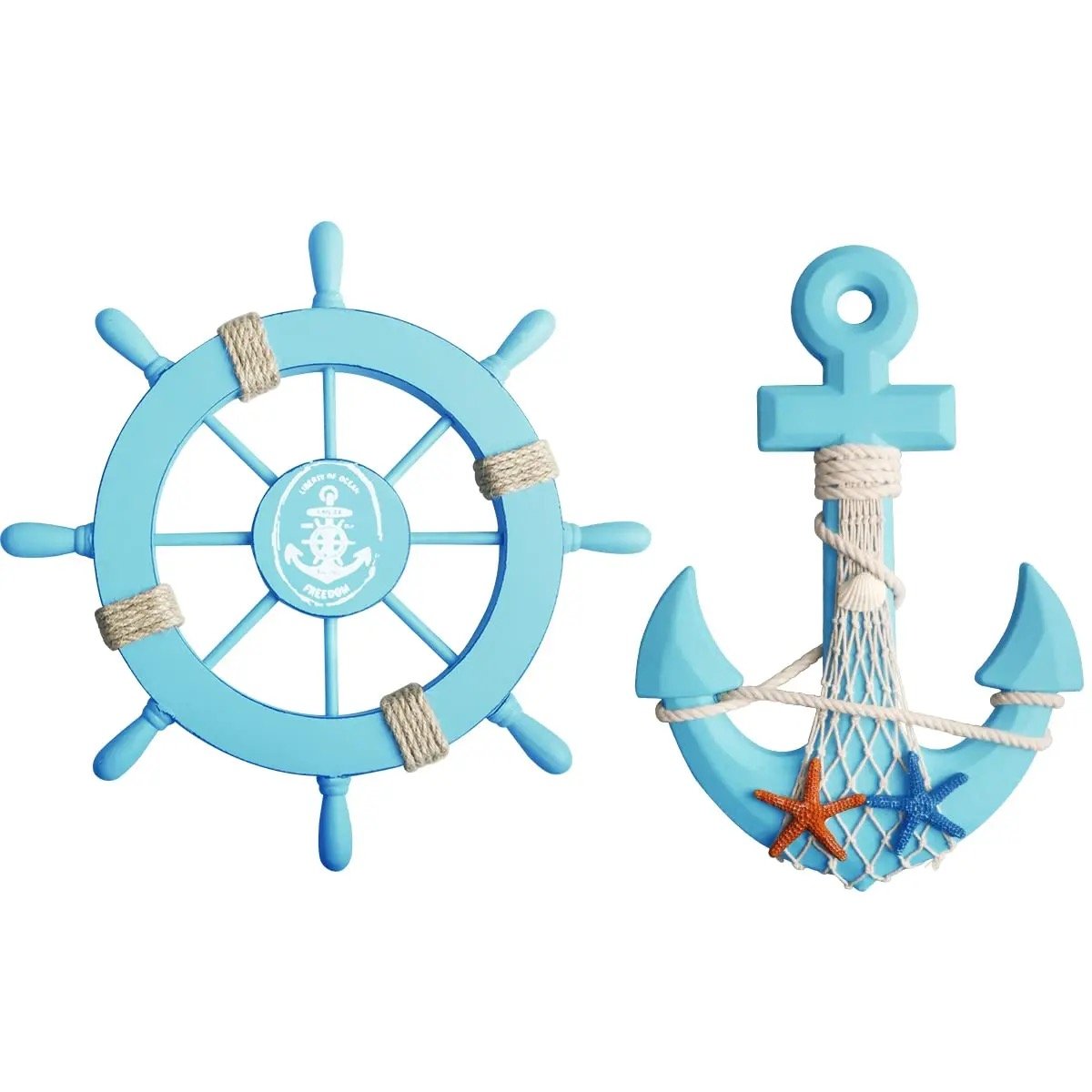 Vintage Nautical Beach Wooden Ship Wheel and 13" Wooden Anchor With Rope Nautical Boat Steering Wheel Rudder Anchor Wall Art