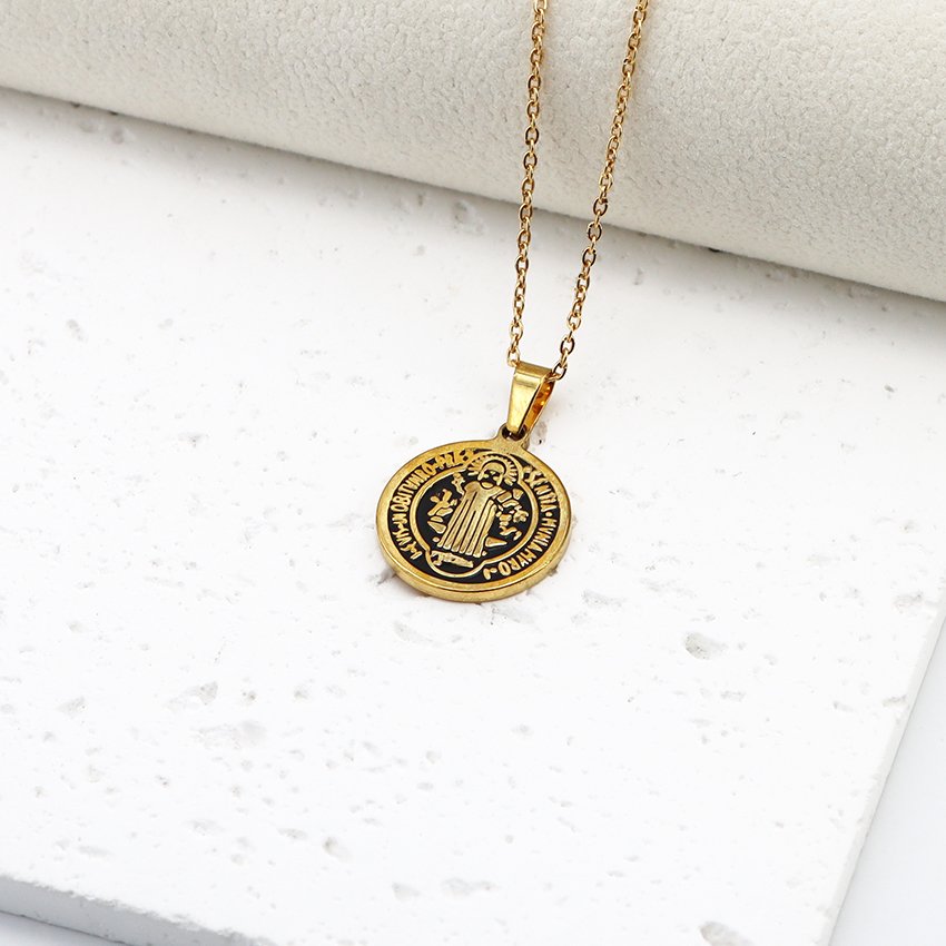 Stainless Steel Jewelry Gold-plated Enamel Cross Oval Religious Scripture Saint Benedict Scripture Boat Anchor Pendant Necklace