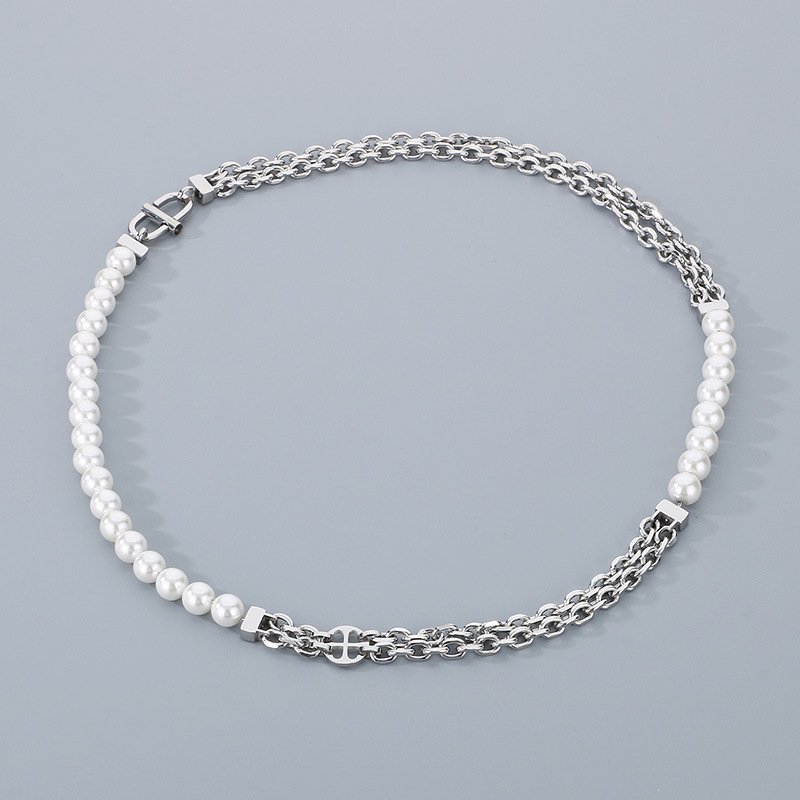 O Chain Pearl Necklace Simple Cold Fashion Hip Hop Stainless Steel for Men and Women Charm Necklace