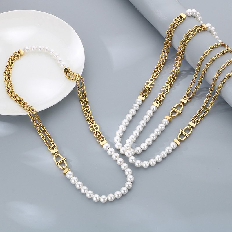 O Chain Pearl Necklace Simple Cold Fashion Hip Hop Stainless Steel for Men and Women Charm Necklace