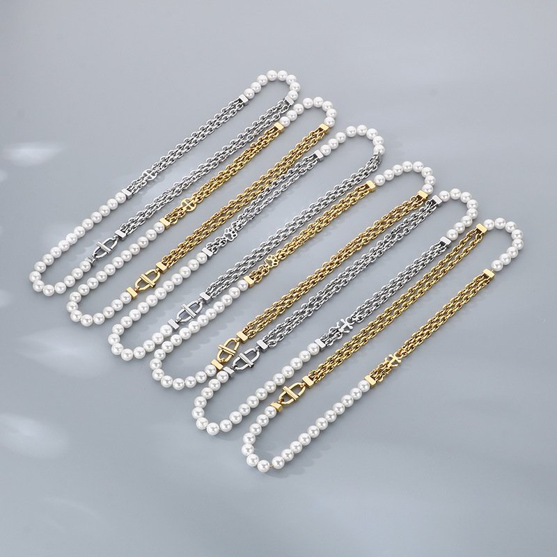 O Chain Pearl Necklace Simple Cold Fashion Hip Hop Stainless Steel for Men and Women Charm Necklace