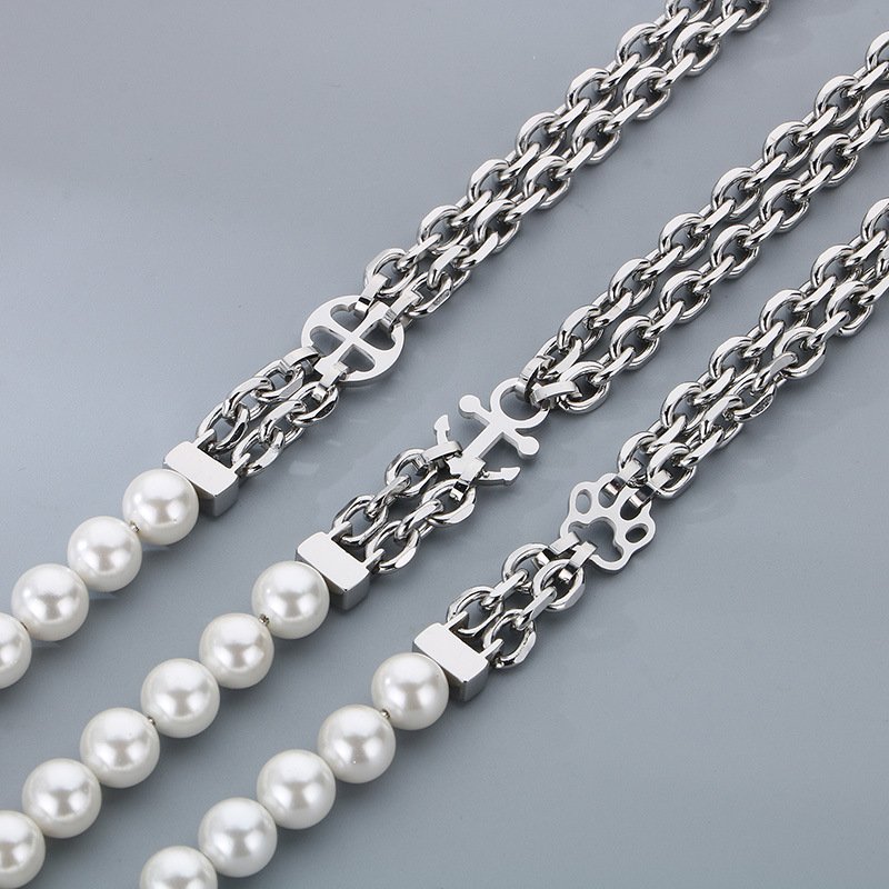 O Chain Pearl Necklace Simple Cold Fashion Hip Hop Stainless Steel for Men and Women Charm Necklace