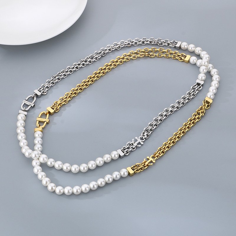 O Chain Pearl Necklace Simple Cold Fashion Hip Hop Stainless Steel for Men and Women Charm Necklace