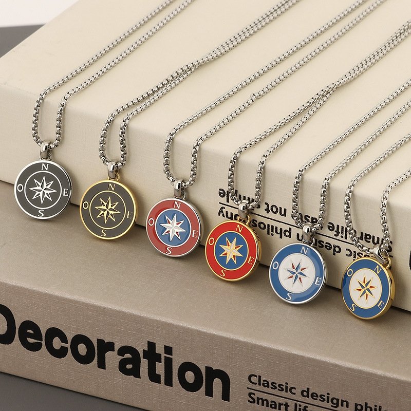 Couple Stainless Steel Nautical Boat Anchor Star Sea Compass Personality Niche Compass Design Sweater Chain Necklace